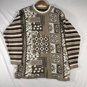 Women's Vintage Sweater Brown White Stripes Snowflakes Knit Casual L
